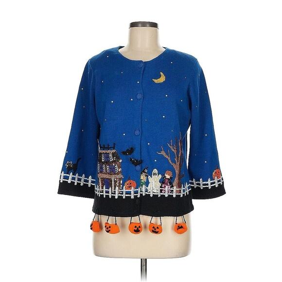 Michael Simon Halloween Haunted House Hanging Pumpkin Jack O Lantern Cardigan M - Picture 1 of 3